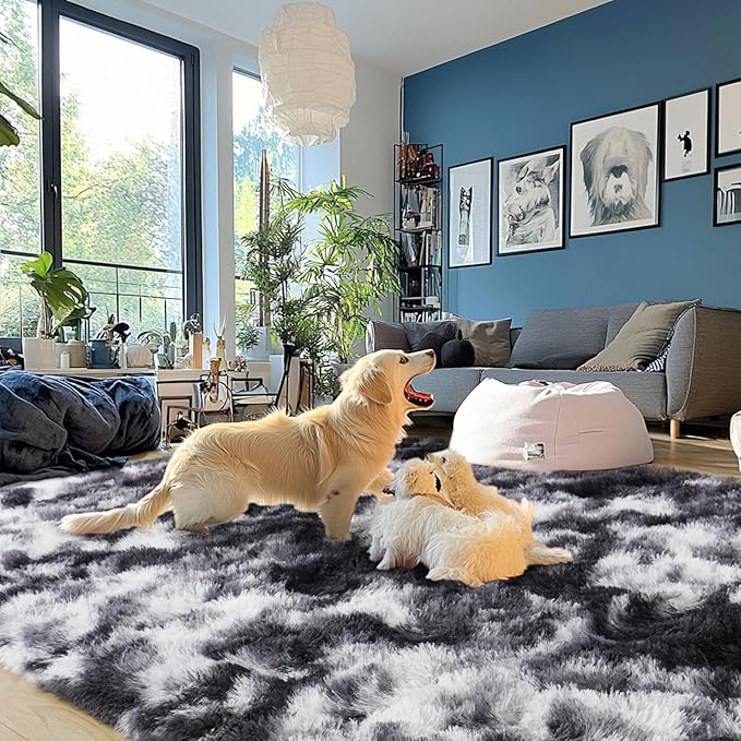 Plush Rug for Living Room Shaggy Area Rug High Pile Fuzzy Rug Non-Slip Indoor Floor Carpet Plush Area Rugs for Living Room Tie Dye Black White 5x7