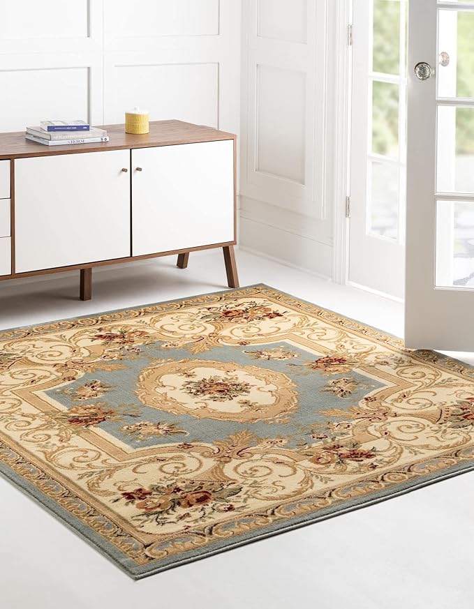 Unique Loom Versailles Collection Traditional Classic Floral Motif Area Rug (6' 0 x 6' 0 Square, Slate Blue/ Ivory)