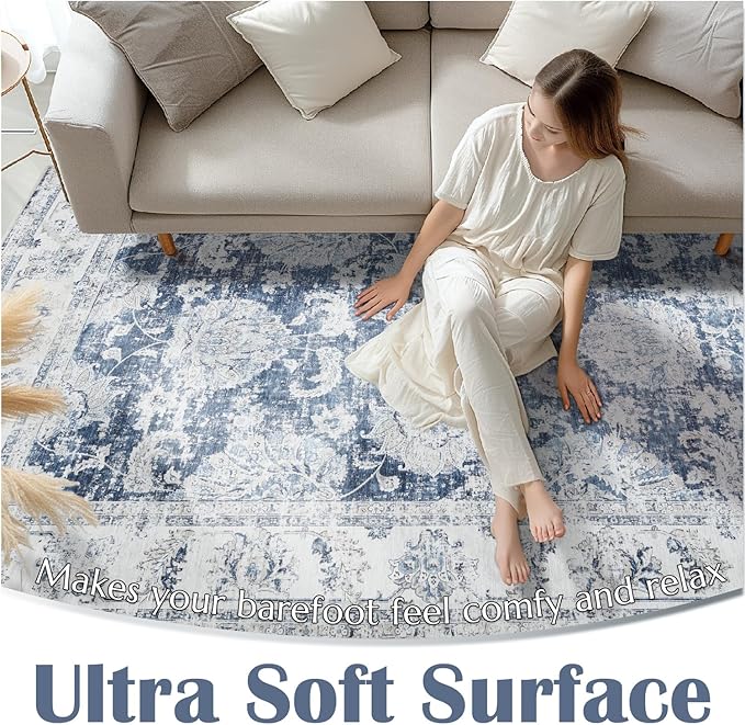 jinchan Fiora Floral 2x3 Rug for Entryway - Vintage Washable Area Rug Ultra-Thin Low Pile Soft Small Non Slip Distressed Indoor Door mat Accent for Entrance Kitchen Bathroom Bedroom (2x3ft, Dark Blue)