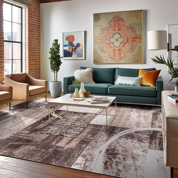 Rugshop Contemporary Abstract Circle Design Area Rug, Carpet with Jute Backing for Living Room, Dining Room, or Bedroom, Brown, 7'10" x 10'2"