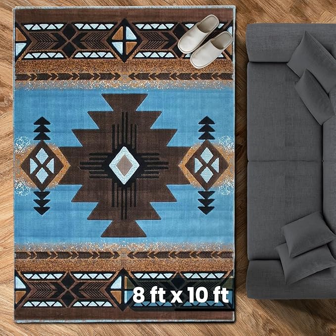 YHSF South West Native American Area Rug C318 - Easy Clean, Thick, Soft, Durable Native Tribal American Indian Inspired Rug for Bedroom/Living Room and More - Blue-Brown, 8 Feet x 10 Feet