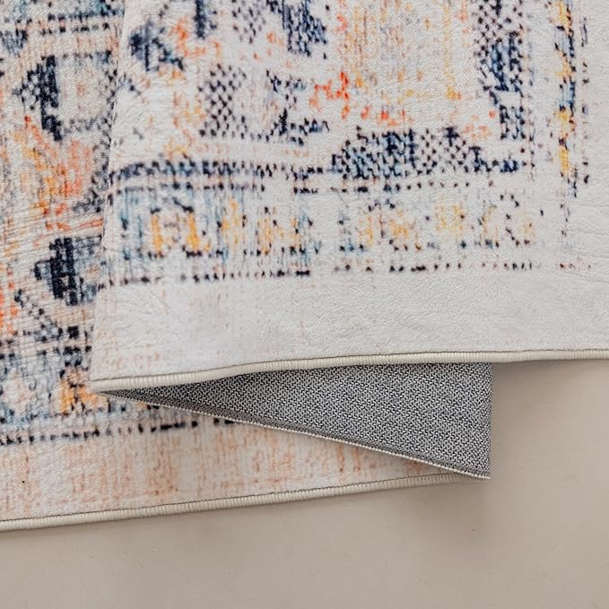 VK VK·LIVING 5x7 Area Rug Washable Rugs for Living Room Rug Vintage Design Boho 5x7 Rug with Non Slip Living Room Rug Bedroom Carpet Stain Resistant, Home Decor, Blue&Orange