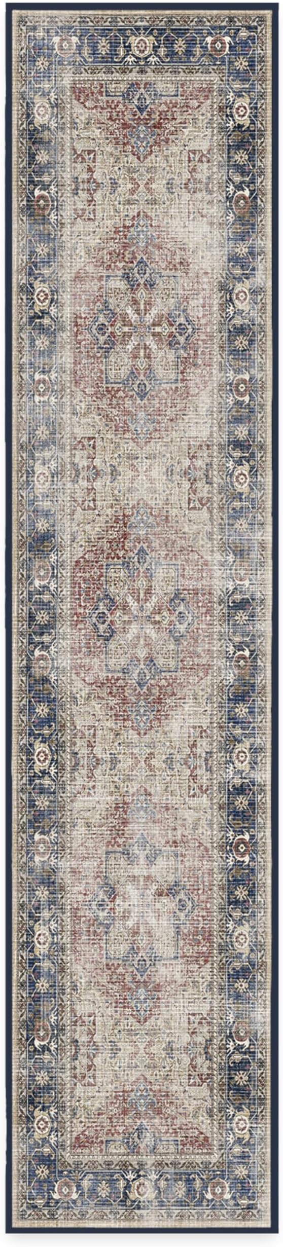 RUGGABLE Washable Vintage Runner Rug – Kamran Royal Blue 2.5x12, Stain-Resistant, Non-Slip Hallway Runner – Machine Washable Rug for Hallway, Entryway, Living Room & Kitchen–with Standard Pad