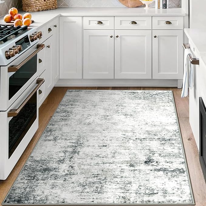 3x5 Machine Washable Area Rug for Entryway, Grey Modern Vintage Abstract Rug Non-Slip Low Pile Soft Faux Wool Small Carpet, Kids and Pets Friendly for Bedroom Kitchen Hallway Home Decor Rug