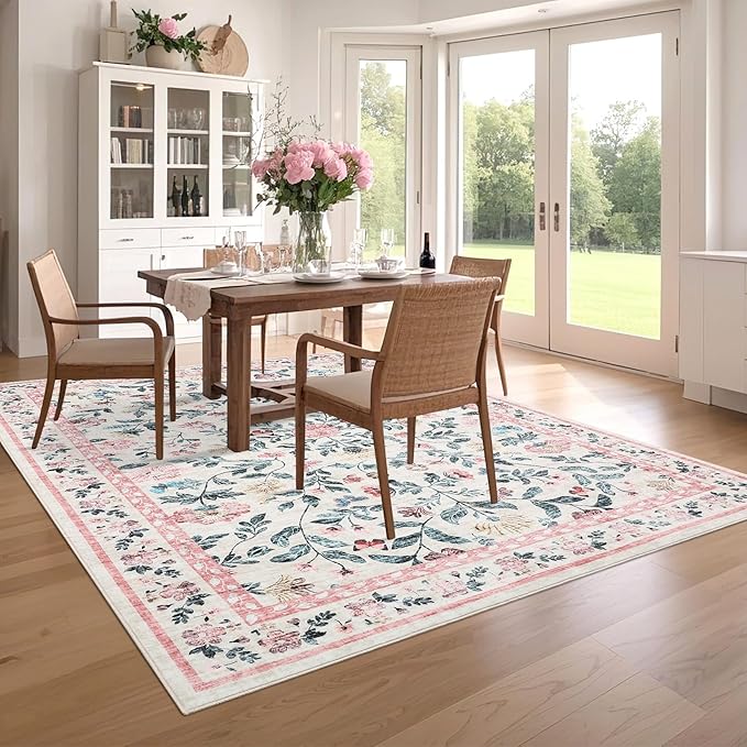 GarveeHome Washable Rug 6 x 9, Low Pile Farmhouse Floral Rug, Non-Shedding Indoor Foldable Printed Carpet Non-Slip Soft Vintage Throw for Bedroom Dining Room Kitchen, Pink