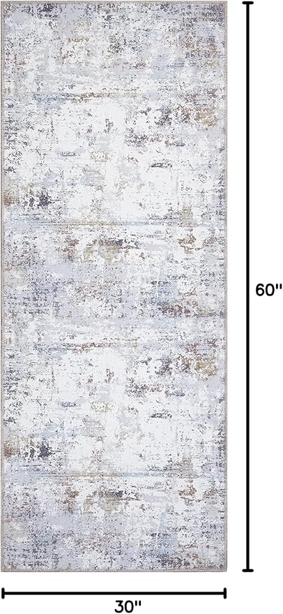 GLN Rugs Contemporary Collection - Machine Washable Area Rug, Contemporary Washable, Non Slip, Low Pile Chenille Rug, Living Room, Bedroom, Kitchen Rug (2'6" x 7' White/Grey/Blue/Brown)