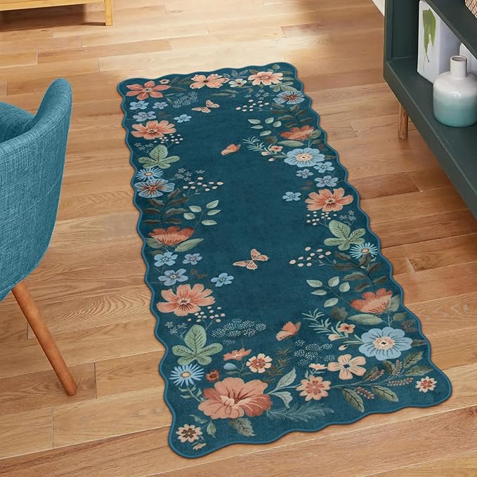 Lahome Floral Rugs for Entryway, 2x4 Washable Kitchen Rugs Ultra-Thin, Non Slip Indoor Door Mat Stain Resistant Boho Small Low-Pile Throw Carpet for Bathroom Bedroom(2x4ft,Navy Blue)
