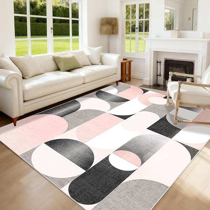 5x7 Area Rugs Pink Washable Rug for Living Room Bedroom,Large Modern Non Slip Carpet for Dining Room Farmhouse Office,Blush Grey Black