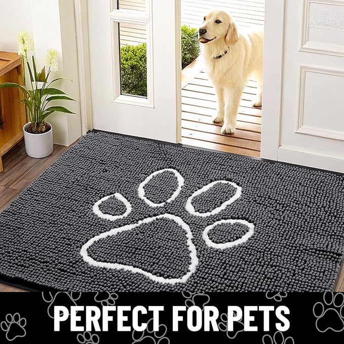 Smiry Dog Door Mat for Muddy Paws, Absorbent Dirt Trapper Non Slip Quick Dry Washable Chenille Mat for Mud Dogs, Entry Rug for Indoor and Outdoor (70x24 Inches, Dark Grey and White)