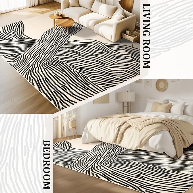 YIHOUSE 8×10 Ft Washable Rug, Black and White Abstract Area Rug for Bedroom Living Room Dining Room Office Playroom Nursery, Ultra Thin Nonslip Modern Large Rugs Soft Contemporary Striped Rugs