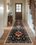 Area Rugs 2'6''x10' Washable Non-Slip, Floral Vintage Distress Print Pattern Medallion Carpet for Living Room Bedroom Dining Room, Black Colorful Floral Dark Tan