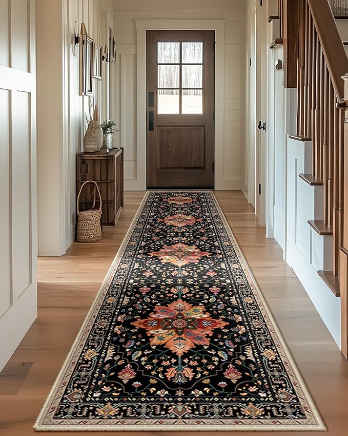 Area Rugs 2'6''x10' Washable Non-Slip, Floral Vintage Distress Print Pattern Medallion Carpet for Living Room Bedroom Dining Room, Black Colorful Floral Dark Tan