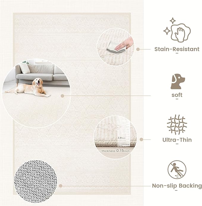 6x9 Area Rug Living Room: Washable Boho Geometric Moroccan Rug Neutral Modern Farmhouse Indoor Soft Non Slip Ultra Thin Printed Pattern Carpet for Dining Room Bedroom Nursery Home (Beige, 6'x9')