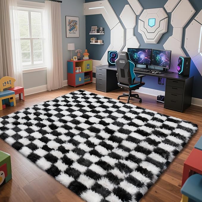 Checkered Rug for Bedroom, 5x8 Black and White Area Rugs, Classic Checkered Carpets Shaggy Area Rug, Bedside Rugs for Living Room Bedroom Kids Room Home Decor