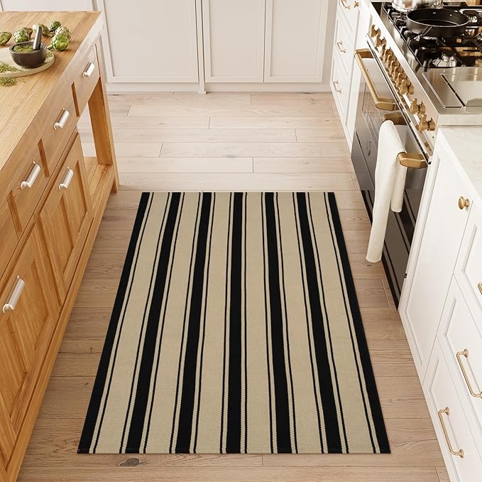 Striped Outdoor Rug 3'x5', Cotton Hand Woven Rug Front Door Mat,Washable Reversible Layered Door Mats, Foldable Front Porch Rug for Entryway/Home Entrance/Farmhouse(Black and Tan)