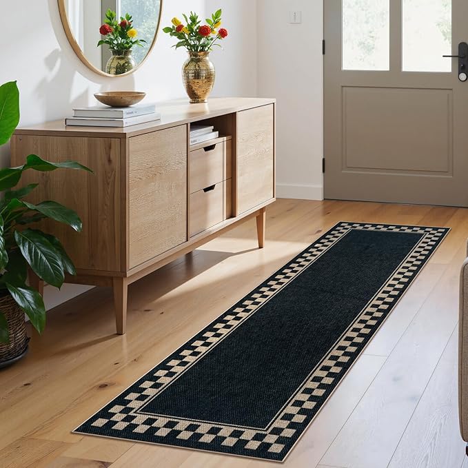 OJIA Easy Jute Runner Rug, 2x6 Kitchen Runner Washable Rug Runners for Hallways Farmhouse Checkered Carpet, Non-Slip Indoor Outdoor Runner Modern Door Mat for Entry Front Door Entryway Porch