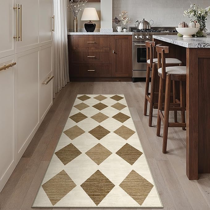 3x8 Runner Checkered Rug for Hallways Brown Washable Long Carpet Non-Slip Low Pile Boho Indoor Accent Throw Rug for Entrance Kitchen Bedroom Dining Laundry