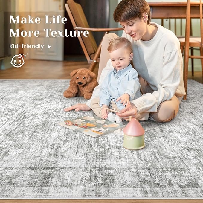 10x14 Area Rugs for Living Room: Washable Large Vintage Floral Rug Low Pile Non-Slip Boho Carpet for Bedroom Dining Home Office (Grey, 10'x14')