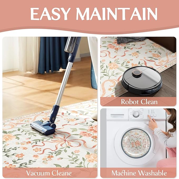 Washable Non-Slip Runner Rugs 2X6, Orange Rug Boho Farmhouse Bow Floral Area Rug for Hallway Kitchen Bedroom Beside Laundry Room Bathroom Rug, Low Pile Stain Resistant Soft Floor Carpet