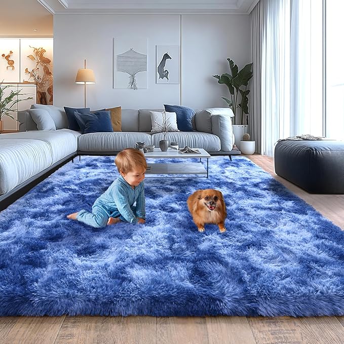 Extra Large 9x12 Feet Fuzzy Rug Fluffy Rug for Living Room, Big Plush Non-Skid Shag Carpet, Soft Shaggy Purple Gray Rugs for Bedroom Indoor Modern Home Decor Tie Dye Blue
