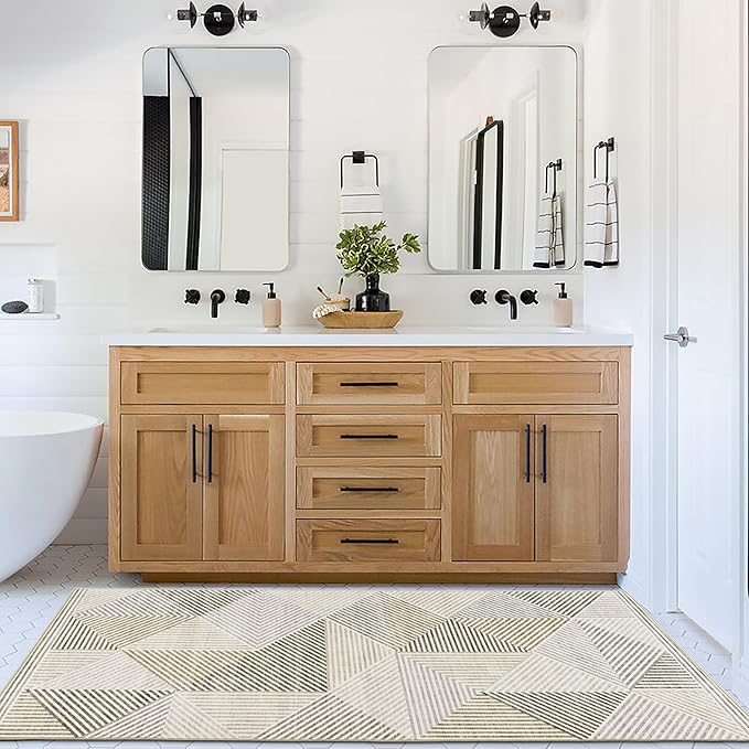 ReaLife Rugs Machine Washable Area Rug Runner - Living Room Bedroom Bathroom Kitchen Entryway Office - Padded Low Pile Stain Resistant Premium - Modern Geometric Contemporary - Miles - Beige 2'6"x6'