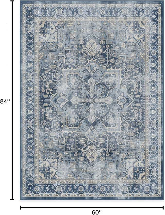 RUGGABLE Washable Vintage Area Rug – Kamran Admiral Blue 5x7, Stain-Resistant, Non-Slip – Medium Machine Washable Rugs for Living Room, Bedroom, Hallway, Entryway & Office–with Standard Pad
