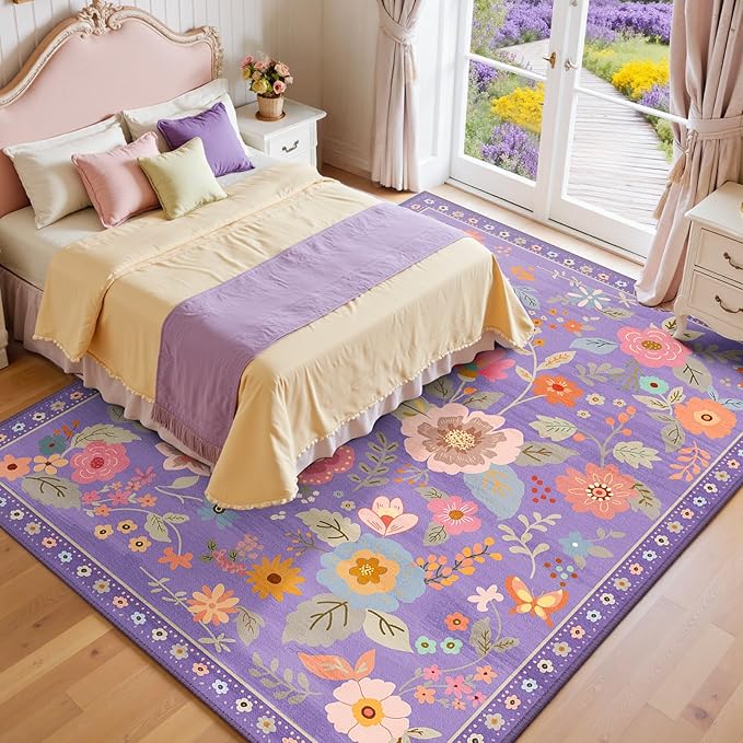 Floral 6x9 Area Rug Machine Washable Soft Print Boho Carpet Non Slip Doormat Low Pile Flower Area Rugs for Living Room Bedroom Nursery Kitchen Dining Room Indoor-Purple/Pink/Multi