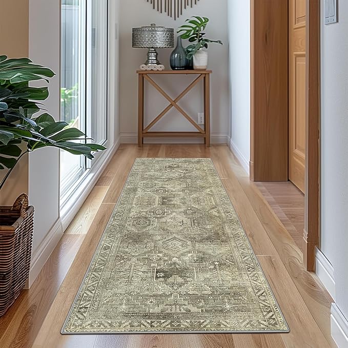 Bavni Runner Rug 2x10, Low Pile Machine Washable Rugs for Hallways, Kitchen, Bedroom, Non Slip Aesthetic Vintage Distressed Print Lightweight Durable Chenille 2x10 Mat, Forgotten Sandstone
