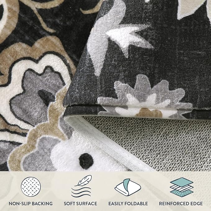 Lahome Floral Washable Runner Rug - 2x6 Runners for Hallways Non-Slip Low-Pile Kitchen Rug, Black Paisley Print Carpet for Laundry Bedroom Entryway （(2’X 6’, Blacak)