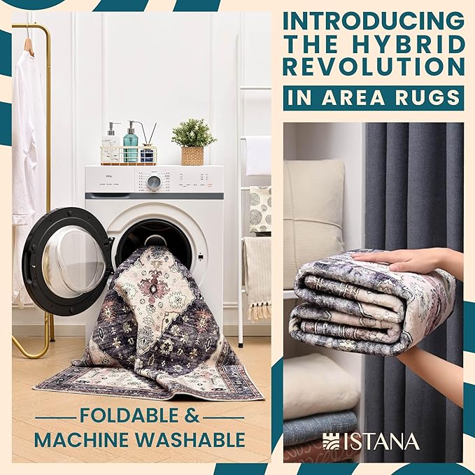 Istana 2x3 Rug - Dark Grey Blue/Rose Mauve Bedroom Rug - Kid & Pet Friendly 2x3 Washable Rug Non Slip - Rubber Backed Rugs - Foldable Eco Friendly Materials for Small Rugs