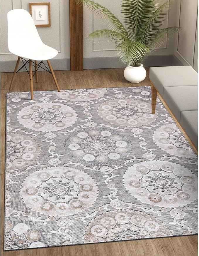 CAMILSON Indoor Outdoor Rug 8x10 Bohemian Medallion Floral Area Rugs for Indoor and Outdoor Patios Easy-Cleaning Non-Shedding Living Room Garden and Kitchen Washable Outside Carpet (8 x 10 / Beige)