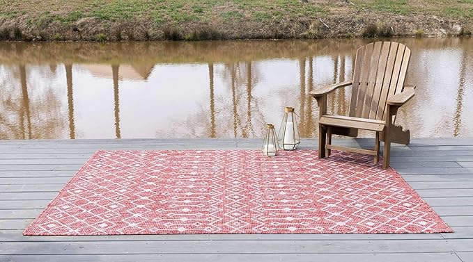 Unique Loom Outdoor Trellis Collection Area Rug - Tribal Trellis (5' 3" x 8' Rectangle, Rust Red/ Ivory)