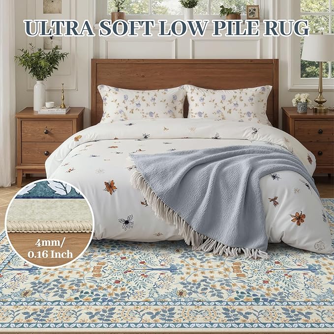 5x7 Area Rugs Living Room Rug - Floral Vintage Morris-Inspired Washable Carpet, Low Pile Non-Shedding Stain Resistance Boho Soft Carpet for Bedroom, Dining Room, Office, Farmhouse (5'x7' Blue/Orange)