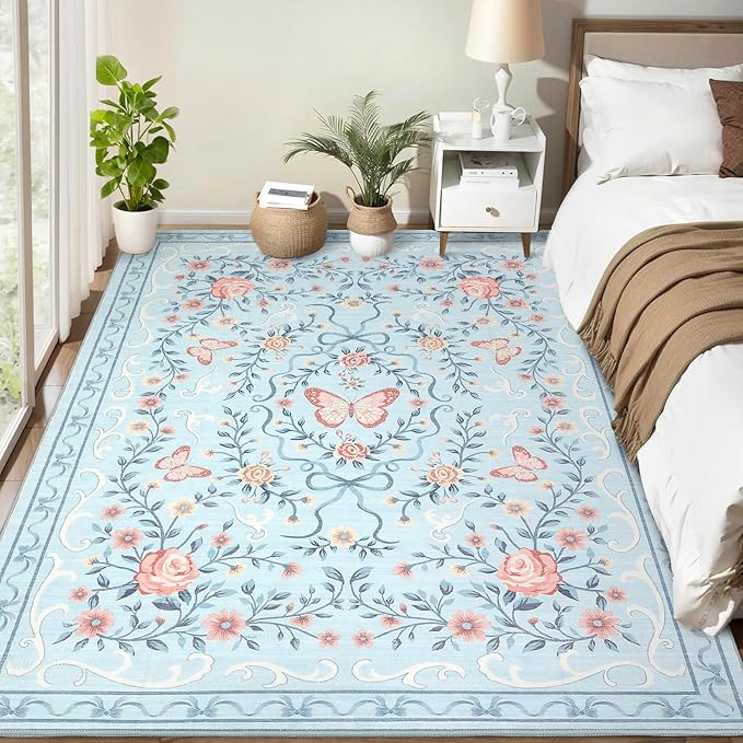 GarveeHome 8x10 Area Rugs for Living Room Washable Rugs Non Slip Stain Resistant Bedroom Floral Rugs Low Pile Soft Dining Room Throw Carpet Blue Bow Large Carpet for Home Office Decor, 8x10