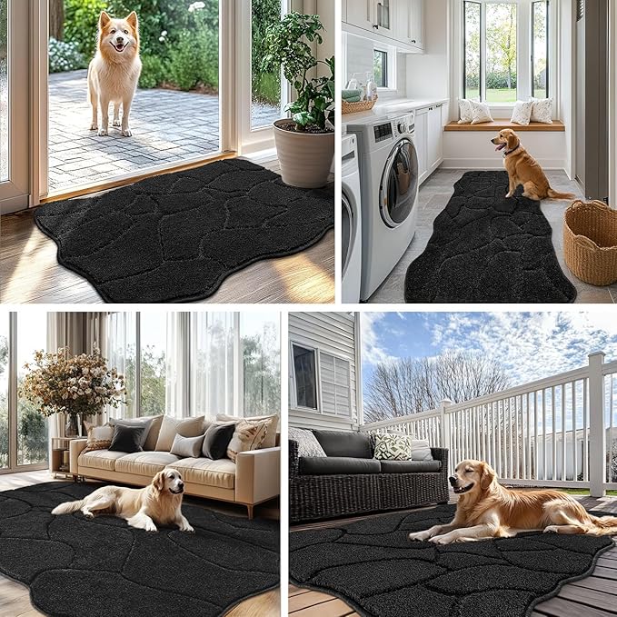 Large Dog Door Mat for Muddy Paws, 32x47 Absorbent Dirt Trapper Long Door Mat, Non-Slip Washable Mud Mat for Dogs, Polyester Microfiber Soft Pet Rug Mat for Entryway, Mud Dog Paws, Patio (Black)