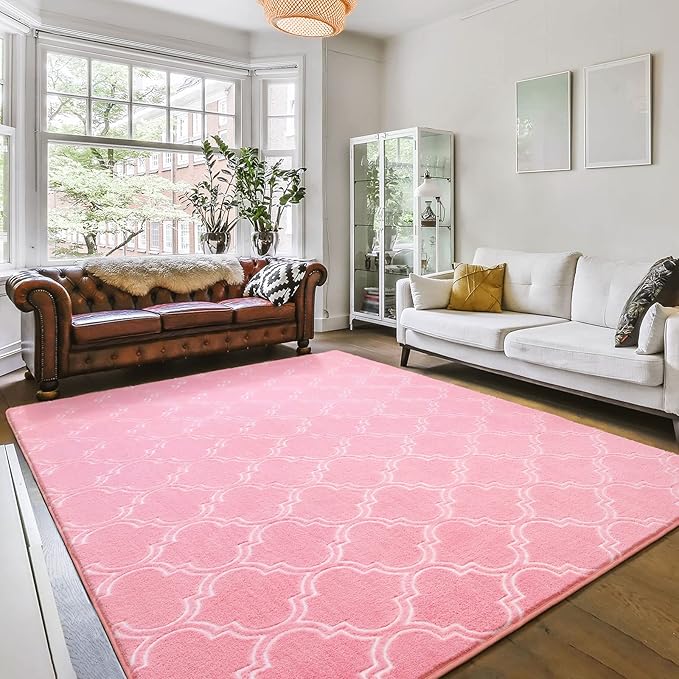 Amearea Fluffy Indoor Area Rug, Soft Trellis Moroccan Rugs for Bedroom, Shag Modern Area Rug for Living Room Kids Room Nursery, Easy Clean, Home Decor Low Pile Carpet, Pink 6x9 Feet
