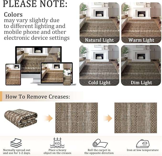 2x3 Machine Washable Area Rug for Entryway, Brown Vintage Moroccan Rug Non-Slip Low Pile Soft Faux Wool Small Carpet, Kids and Pets Friendly for Bedroom Kitchen Hallway Bedside Home Decor Rug
