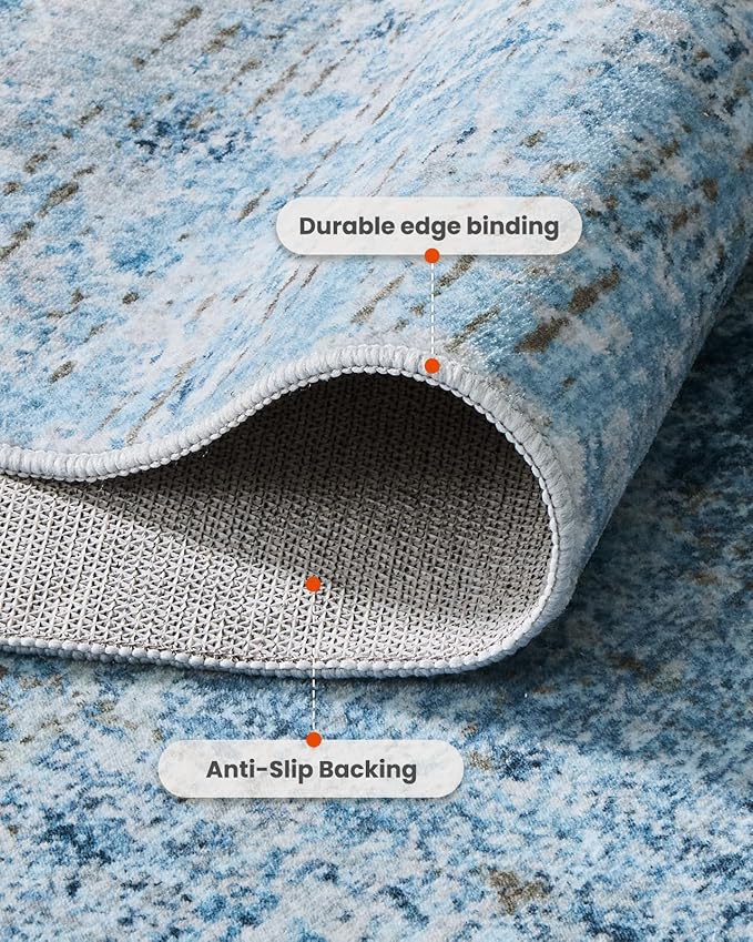 6x9 Area Rugs for Living Room, Modern Abstract Washable Rug with Non-Slip Backing & Low Pile Indoor Carpet for Nursery Room, Bedroom and Dinning Room, Light Blue
