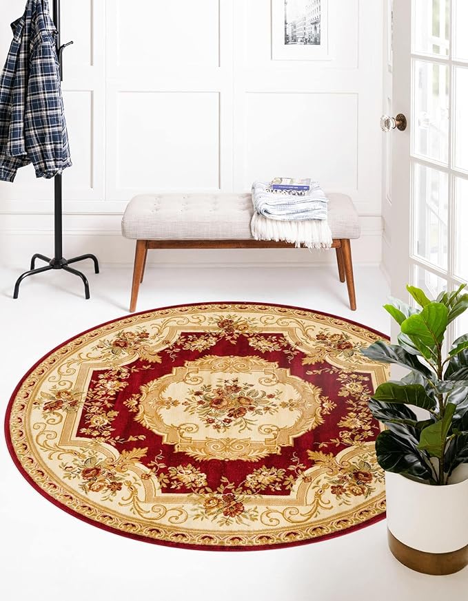 Rugs.com Chateau Collection Rug – 6 Ft Round Red Medium Rug Perfect for Kitchens, Dining Rooms