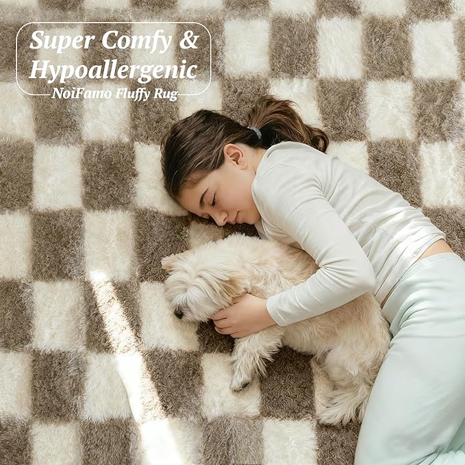 5x7 Area Rugs for Living Room Bedroom, Soft Fluffy Shaggy Bedside Rug, Indoor Floor Carpet for Kids Playroom, Dorms, Nursery Rooms, Home Decor (Camel & White 5'x7')