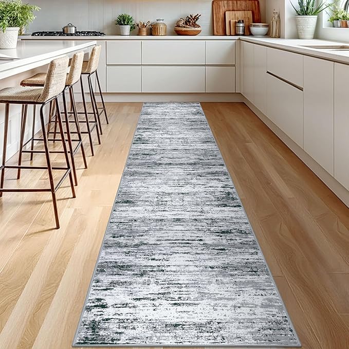 Modern Abstract Runner Rug 2.6x12, Black Grey White Washable Long Kitchen Runner Non-Slip Soft Hallway Rug Runner Thin Print Faux Wool Carpet for Entryway Bedroom Laundry Room Indoor Home Decor