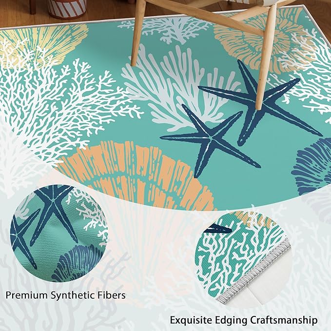 Tritard Coastal Area Rug 2x3 - Small Machine Washable Foldable Throw Rugs Non-Slip Beach Ocean Entryway Doormat Indoor Entrance Carpet for Kitchen Bathroom Laundry Bedroom Living Room, Teal