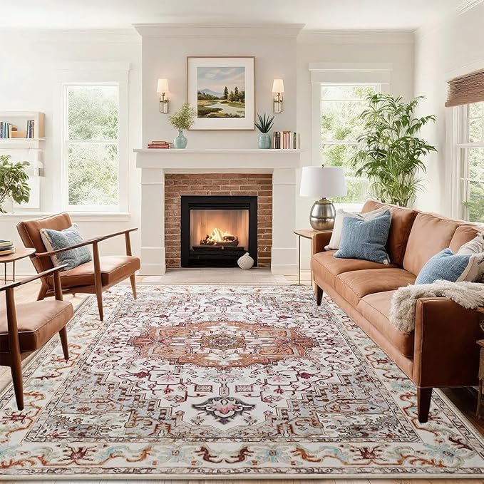 Large Area Rugs 6x9, Washable Vintage Rugs -Low Pile, Soft Plush Rugs for Bedroom, Kitchen, Dining Room, Stain Resistance, Non Shedding & Kid & Pet Friendly, Beige