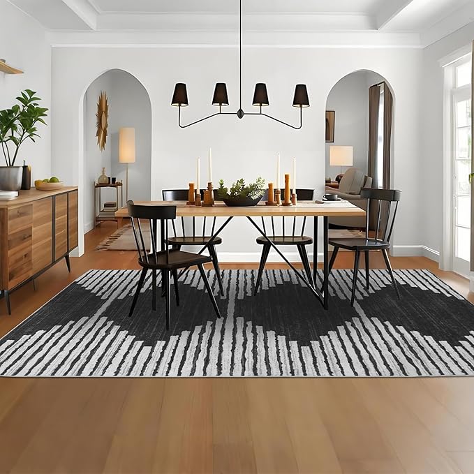 HelloTree Area Rug for Living Room 8x10 Washable Geometric Moroccan Rug Stripe Farmhouse Bohemian Minimalistic Non Slip Non Shedding Ultra Thin Soft Rug for Bedroom Office DiningRoom Nursery-Black