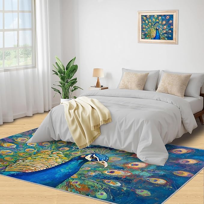 Peacock Rug Large - 5x6 Rug, Turquoise Teal Peafowl Washable Rugs for Living Room, Peafowl Decor Carpet, Modern Style Non-Slip Area Rugs for Bedroom, Aesthetics Carpet - Peafowl Home Decor & Gifts