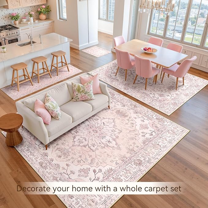 Area Rugs 10'x14' Washable Non-Slip, Floral Vintage Distress Print Pattern Medallion Carpet for Living Room Bedroom Dining Room, Pink Greypink Cute