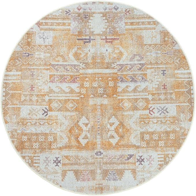 GLN Rugs Traditional Collection - Machine Washable Area Rug, Traditional Washable, Non Slip, Low Pile Chenille Rug, Living Room, Bedroom, Kitchen Rug (5'3" Round Sand/Light Gray)