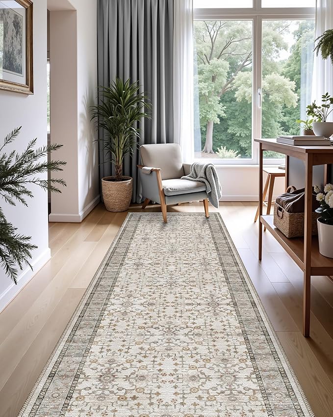 LUMI Washable Kitchen Rug, 23x84 Non-Slip Indoor Hallway Runner, Soft Low Pile Vintage Distressed Area Rugs for Laundry, Bedroom, Celadon