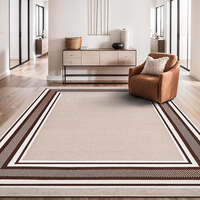 Beverly Rug Non Slip Area Rugs 3x5 Modern Bordered Non Skid Rubber Backing Soft Area Rug for Living Dining Room Easy to Clean Non Shedding Kitchen Bedroom Indoor Carpet 3 x 5 Beige-Brown