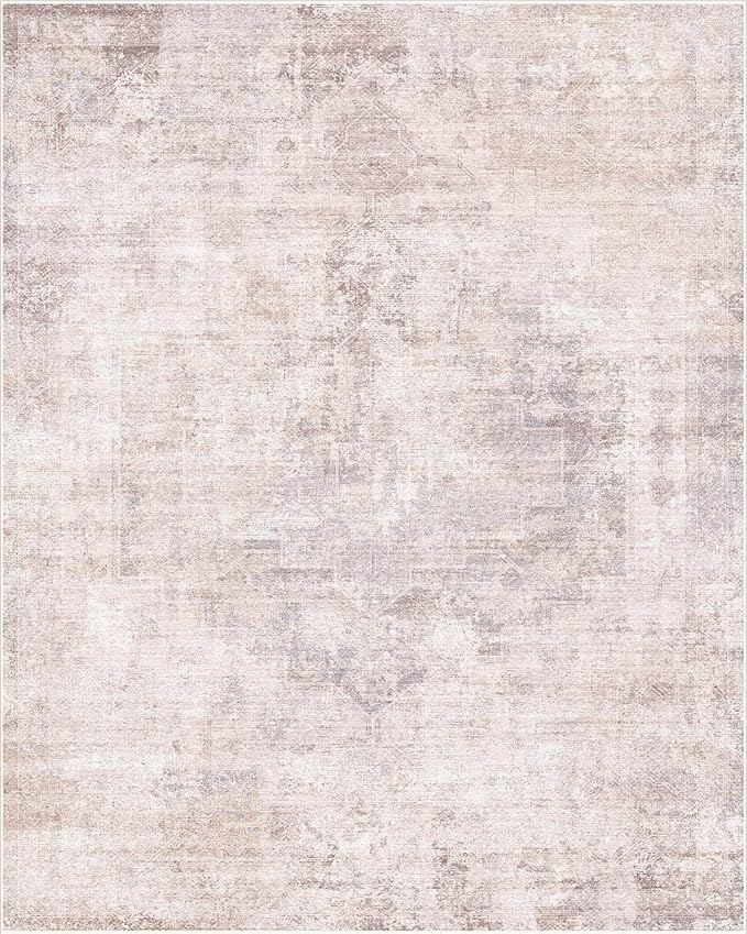 Pink and Grey Living Room Rug 8x10 - Modern Distressed Medallion Area Rug for Dining Room Under Table, Bedroom, Washable Non Slip High Traffic Low Pile Thin Floor Carpet
